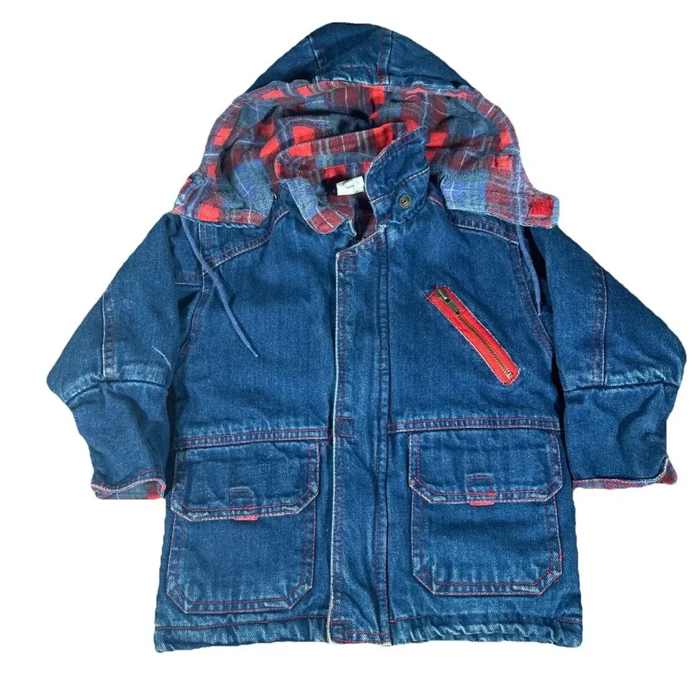 Vintage Sears 2T Toodler Flannel Lined Full Zip Hooded Denim Jean Jacket EUC 90s